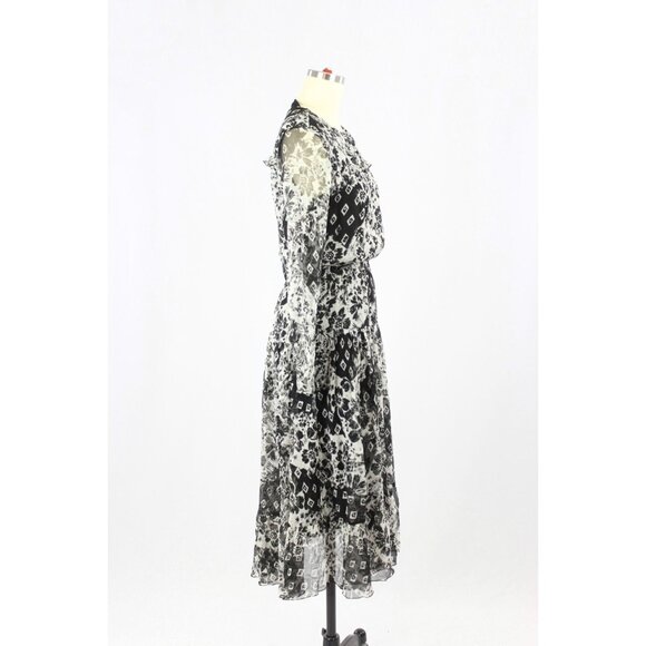 MASSIMO DUTTI Black White Floral Silk Crepe A-Line Midi Dress, Size 6 - Picture 2 of 16